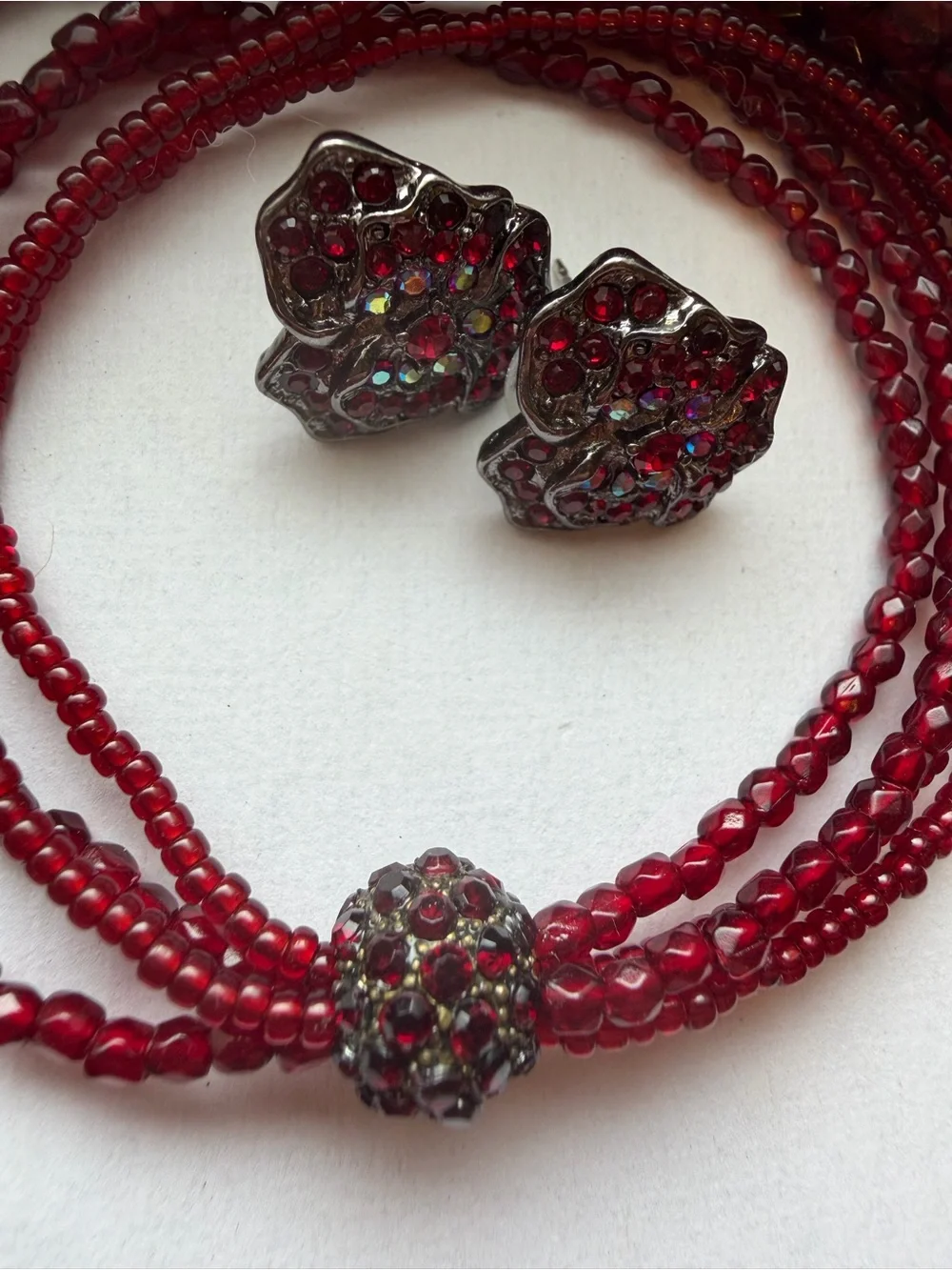 Red Crystal Bead Choker Necklace and Bracelet Set with Matching Earrings